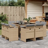  9 Piece Garden Dining Set with Cushions Mix Beige Poly Rattan