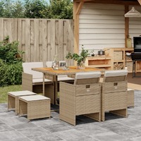  9 Piece Garden Dining Set with Cushions Beige Poly Rattan