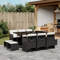  11 Piece Garden Dining Set with Cushions Black Poly Rattan