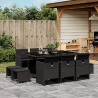  11 Piece Garden Dining Set with Cushions Black Poly Rattan