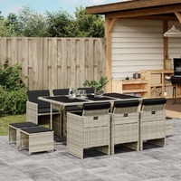 vidaXL 11 Piece Garden Dining Set with Cushions Light Grey Poly Rattan