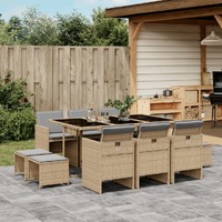 11 Piece Garden Dining Set with Cushions Mix Beige Poly Rattan