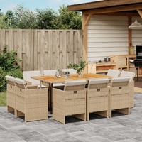  11 Piece Garden Dining Set with Cushions Beige Poly Rattan