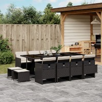  13 Piece Garden Dining Set with Cushions Black Poly Rattan