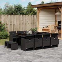  13 Piece Garden Dining Set with Cushions Black Poly Rattan