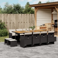  13 Piece Garden Dining Set with Cushions Black Poly Rattan