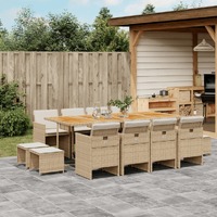  13 Piece Garden Dining Set with Cushions Beige Poly Rattan