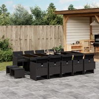  15 Piece Garden Dining Set with Cushions Black Poly Rattan