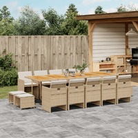  15 Piece Garden Dining Set with Cushions Beige Poly Rattan