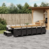  17 Piece Garden Dining Set with Cushions Black Poly Rattan