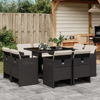  9 Piece Garden Dining Set with Cushions Black Poly Rattan