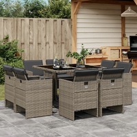  9 Piece Garden Dining Set with Cushions Grey Poly Rattan