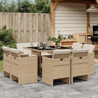  9 Piece Garden Dining Set with Cushions Beige Poly Rattan