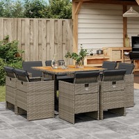  9 Piece Garden Dining Set with Cushions Grey Poly Rattan
