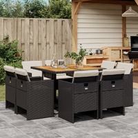  9 Piece Garden Dining Set with Cushions Black Poly Rattan
