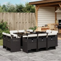 11 Piece Garden Dining Set with Cushions Black Poly Rattan