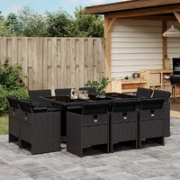  11 Piece Garden Dining Set with Cushions Black Poly Rattan
