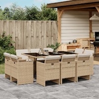  11 Piece Garden Dining Set with Cushions Beige Poly Rattan