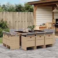  11 Piece Garden Dining Set with Cushions Mix Beige Poly Rattan