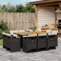  11 Piece Garden Dining Set with Cushions Black Poly Rattan