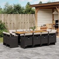  13 Piece Garden Dining Set with Cushions Black Poly Rattan