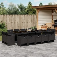  15 Piece Garden Dining Set with Cushions Black Poly Rattan