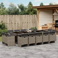  15 Piece Garden Dining Set with Cushions Grey Poly Rattan