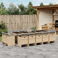  15 Piece Garden Dining Set with Cushions Mix Beige Poly Rattan