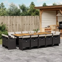  15 Piece Garden Dining Set with Cushions Black Poly Rattan