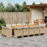  15 Piece Garden Dining Set with Cushions Beige Poly Rattan