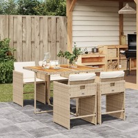  5 Piece Garden Dining Set with Cushions Beige Poly Rattan