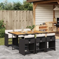  7 Piece Garden Dining Set with Cushions Black Poly Rattan