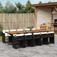  11 Piece Garden Dining Set with Cushions Black Poly Rattan