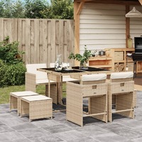  9 Piece Garden Dining Set with Cushions Beige Poly Rattan