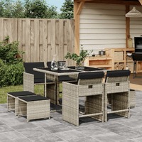  9 Piece Garden Dining Set with Cushions Light Grey Poly Rattan
