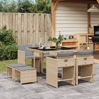  9 Piece Garden Dining Set with Cushions Mix Beige Poly Rattan