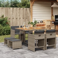  9 Piece Garden Dining Set with Cushions Grey Poly Rattan