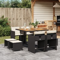  9 Piece Garden Dining Set with Cushions Black Poly Rattan