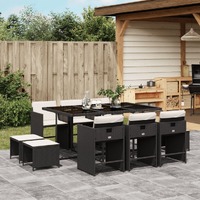  11 Piece Garden Dining Set with Cushions Black Poly Rattan