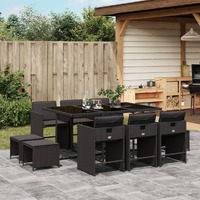  11 Piece Garden Dining Set with Cushions Black Poly Rattan