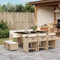  11 Piece Garden Dining Set with Cushions Beige Poly Rattan