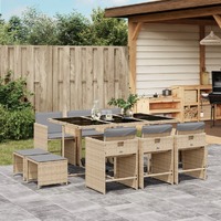  11 Piece Garden Dining Set with Cushions Mix Beige Poly Rattan