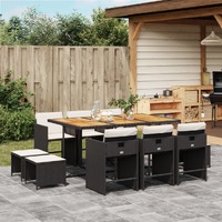  11 Piece Garden Dining Set with Cushions Black Poly Rattan
