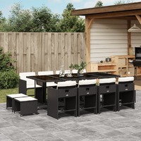  13 Piece Garden Dining Set with Cushions Black Poly Rattan