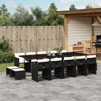  15 Piece Garden Dining Set with Cushions Black Poly Rattan