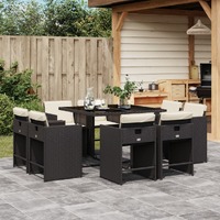  9 Piece Garden Dining Set with Cushions Black Poly Rattan