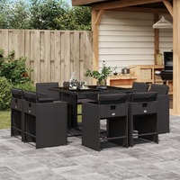  9 Piece Garden Dining Set with Cushions Black Poly Rattan