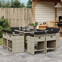  9 Piece Garden Dining Set with Cushions Light Grey Poly Rattan