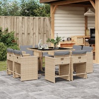  9 Piece Garden Dining Set with Cushions Mix Beige Poly Rattan