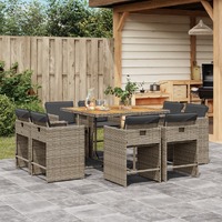  9 Piece Garden Dining Set with Cushions Grey Poly Rattan